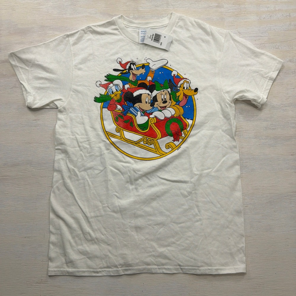 Disney T-Shirt Christmas Sleigh Mickey Minnie Donald Goofy Pluto White NWT M
